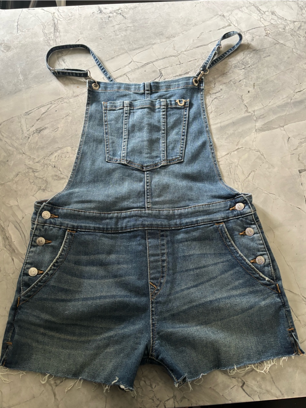 TRUE RELIGION Womens Denim Overall Shorts Size XL Medium Wash Cut Off Shortalls